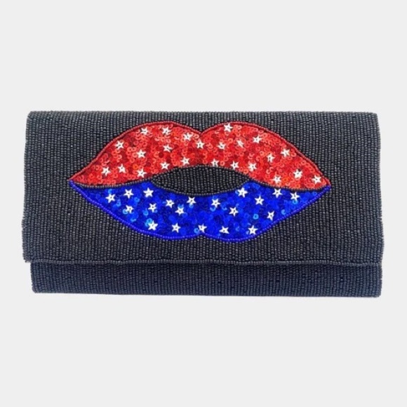 New American Patriotic Black Beaded Clutch with Red and Blue Lip Design - Picture 3 of 4